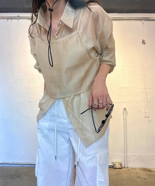 アンサンブル ビスチェ付きシアーシャツ(kiharu select) / 長袖 2点セット セットアイテム カラーシャツ シアートップス シースルー ビスチェ付きシアーシャツ(kiharu select) / 長袖 2点セット