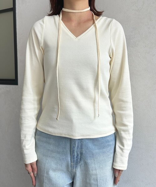 Thevon（ゼボン）の「チョーカー付きVネックリブプルオーバー（Tシャツ/カットソー・レディース・ブラウン/オフホワイト/ブラック・FREE）」の13枚目の写真