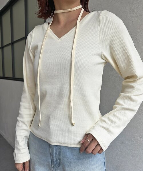 Thevon（ゼボン）の「チョーカー付きVネックリブプルオーバー（Tシャツ/カットソー・レディース・ブラウン/オフホワイト/ブラック・FREE）」の14枚目の写真