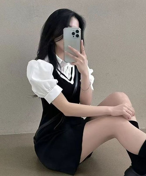 gossip!ロサンゼルス(ゴシップロサンゼルス)の「プレッピーテイスト パフスリーブミニ丈ワンピース(ワンピース・レディース・ブラック/グレー/ベージュ・FREE)」の2枚目の写真