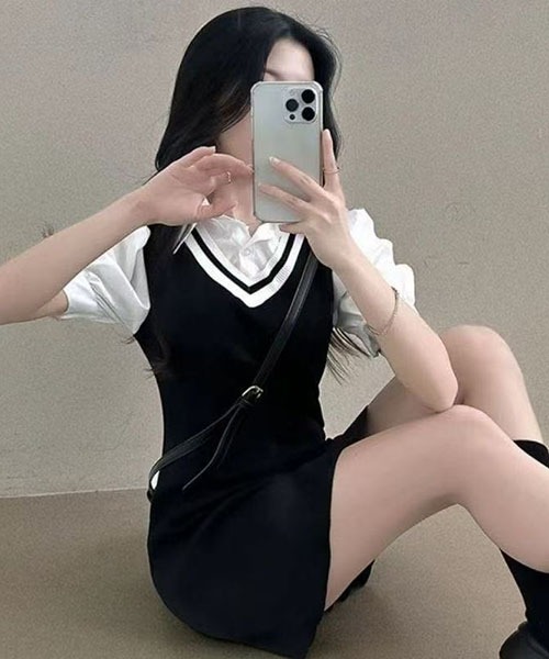 gossip!ロサンゼルス(ゴシップロサンゼルス)の「プレッピーテイスト パフスリーブミニ丈ワンピース(ワンピース・レディース・ブラック/グレー/ベージュ・FREE)」の4枚目の写真