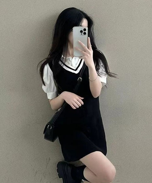 gossip!ロサンゼルス(ゴシップロサンゼルス)の「プレッピーテイスト パフスリーブミニ丈ワンピース(ワンピース・レディース・ブラック/グレー/ベージュ・FREE)」の14枚目の写真