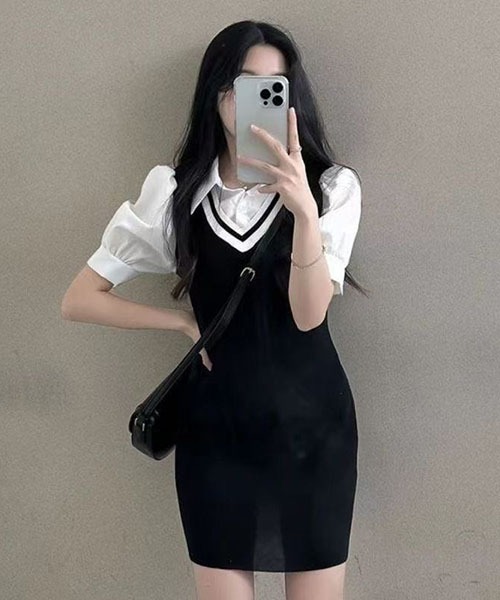 gossip!ロサンゼルス(ゴシップロサンゼルス)の「プレッピーテイスト パフスリーブミニ丈ワンピース(ワンピース・レディース・ブラック/グレー/ベージュ・FREE)」の13枚目の写真