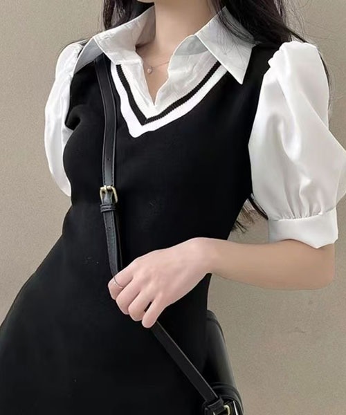 gossip!ロサンゼルス(ゴシップロサンゼルス)の「プレッピーテイスト パフスリーブミニ丈ワンピース(ワンピース・レディース・ブラック/グレー/ベージュ・FREE)」の10枚目の写真