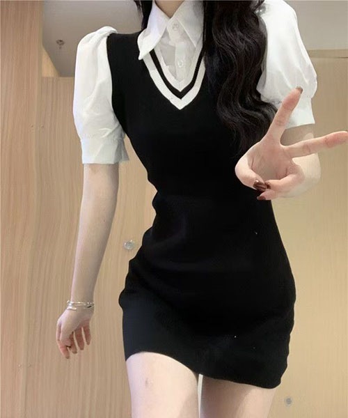 gossip!ロサンゼルス(ゴシップロサンゼルス)の「プレッピーテイスト パフスリーブミニ丈ワンピース(ワンピース・レディース・ブラック/グレー/ベージュ・FREE)」の12枚目の写真