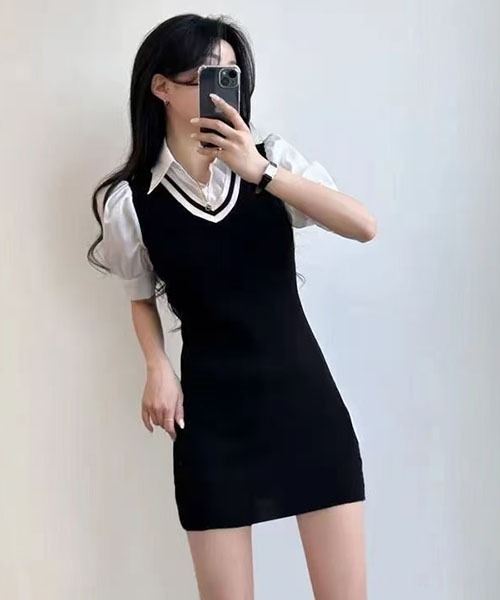 gossip!ロサンゼルス(ゴシップロサンゼルス)の「プレッピーテイスト パフスリーブミニ丈ワンピース(ワンピース・レディース・ブラック/グレー/ベージュ・FREE)」の11枚目の写真