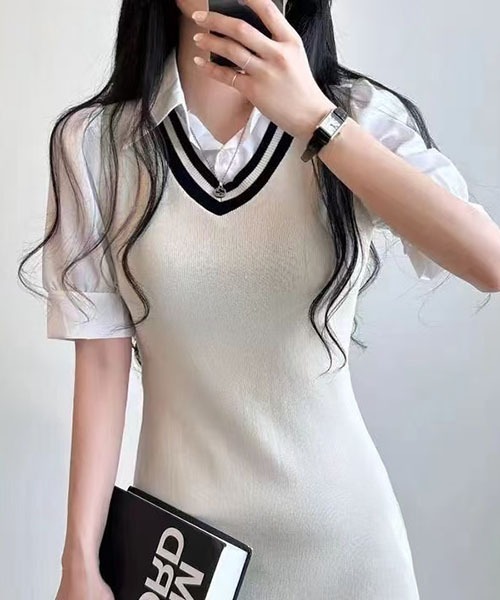 gossip!ロサンゼルス(ゴシップロサンゼルス)の「プレッピーテイスト パフスリーブミニ丈ワンピース(ワンピース・レディース・ブラック/グレー/ベージュ・FREE)」の20枚目の写真