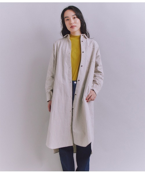 Cotton Linen Double Stripe ポケットロングシャツドレス