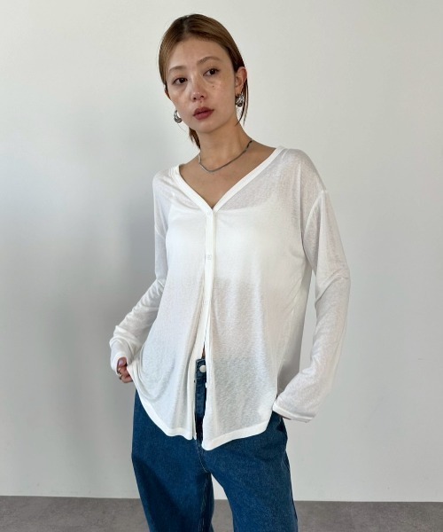 HANNE(アン)の「Vネックシアーカーディガン(カーディガン/ボレロ・レディース・イエロー/ホワイト/チャコールグレー・FREE)」の1枚目の写真