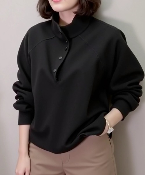 cammie(キャミー)の「スタンドカラーボタンデザインプルオーバー(ニット/セーター・レディース・ブラック/ブラウン/オフホワイト・L/M)」の14枚目の写真
