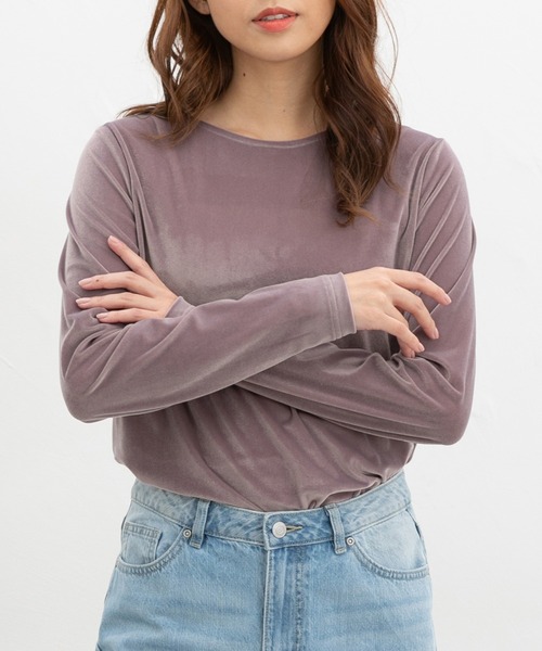 Honeys（ハニーズ）の「ベロアトップス（Tシャツ/カットソー・レディース・ブルー/グレイッシュベージュ/スモークピンク/スミクロ/モカ・L/LL/M/S）」の5枚目の写真