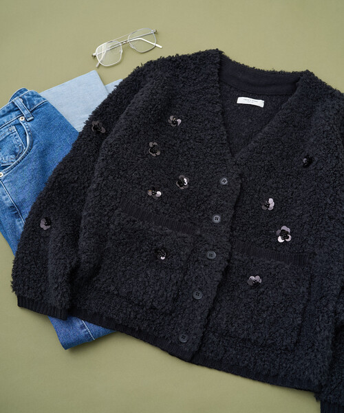セール】フラワービジュー ニットカーディガン（カーディガン/ボレロ