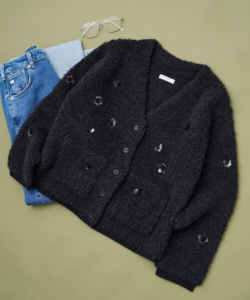 LIFE WITH FLOWERS. ネイビー ニットカーディガン FREAK'S STORE｜フラワー 刺繍 クルーネック ニット カーディガン