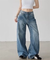 リベットデザインワイドストレートシルエットデニムパンツ