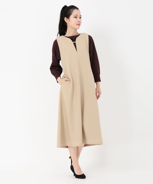 STRAWBERRY-FIELDS（ストロベリーフィールズ）の「プルックツイル/ウーリー千鳥_キーネックジャンパースカート（ジャンパースカート・レディース・ハウンドトゥース/ベージュ/ローズ系/ブラック・2）」の3枚目の写真