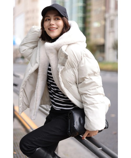 新品Arpege story ファーフード付きMINOTECH中綿コート ファーフード付きMINOTECH中綿コート（ダウンジャケット