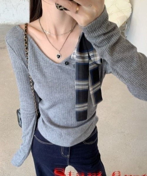 Sibra（シブラ）の「チェックリボン付きアシンメトリーネックリブトップス（Tシャツ/カットソー・レディース・ブラック/グレー・M）」の16枚目の写真