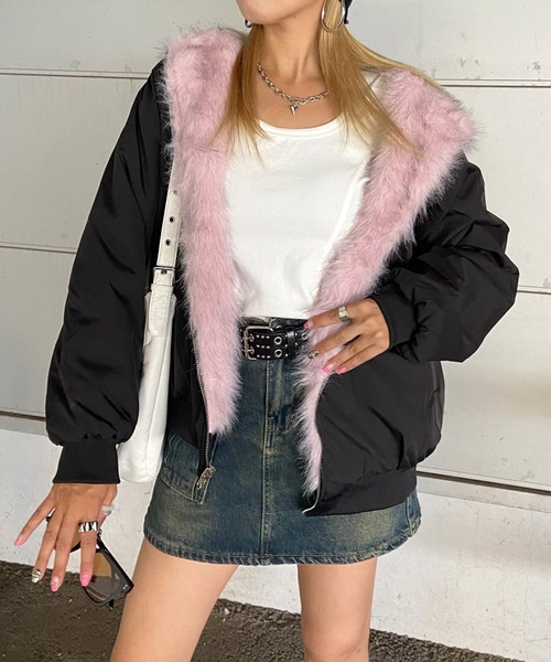 リバーシブルピンクフェイクファー ブラック ジップアップジャケット y2k リバーシブルピンクフェイクファーブラックジップアップジャケット