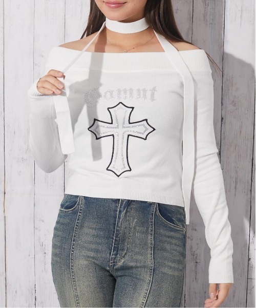 セール】《細ストール付き×クロスロゴ》レディース オフショル ニット