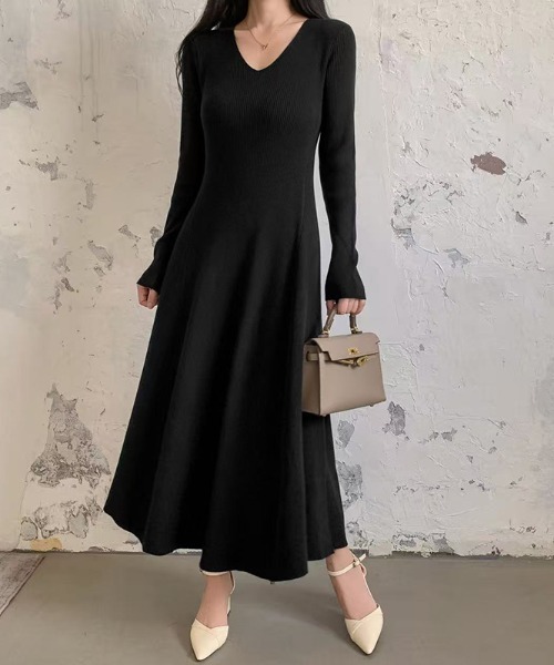セール】一枚で完成する、上品ニットワンピ フレアニットワンピース v