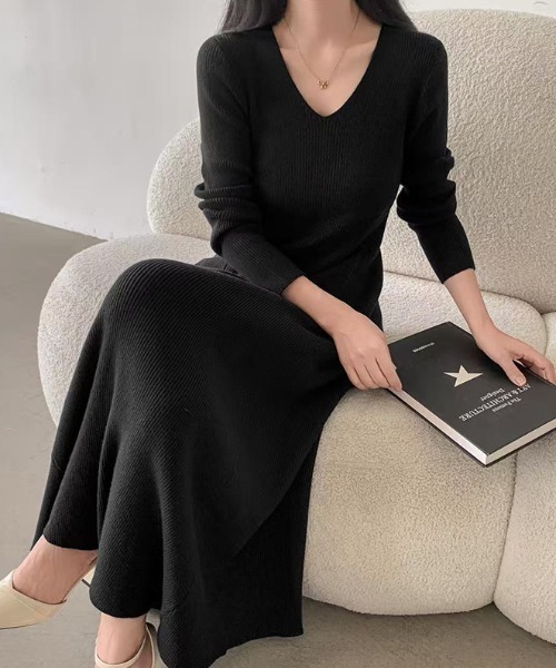 セール】一枚で完成する、上品ニットワンピ フレアニットワンピース v
