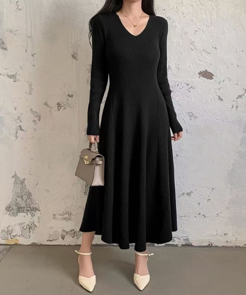 セール】一枚で完成する、上品ニットワンピ フレアニットワンピース v