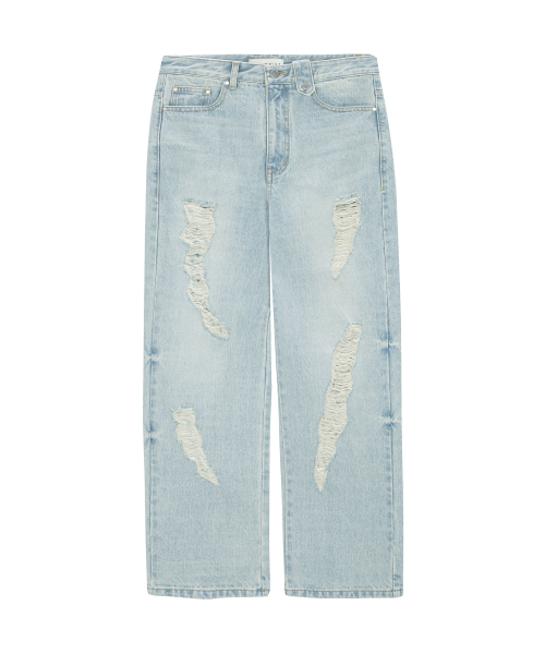 UNGIMMICK(アンジミック)の「UNBALANCED DAMAGED DENIM PANTS (LIGHT BLUE)(デニムパンツ・メンズ・その他・SMALL/MEDIUM/LARGE)」の1枚目の写真