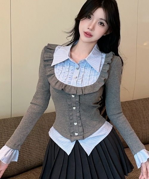 セール】配色フェイクレイヤード フリル×ビジューボタン トップス（T