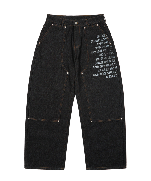 セール】Double Knee Lettering Denim Pants (Black)（デニムパンツ