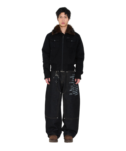 セール】Double Knee Lettering Denim Pants (Black)（デニムパンツ