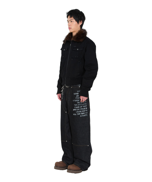 セール】Double Knee Lettering Denim Pants (Black)（デニムパンツ