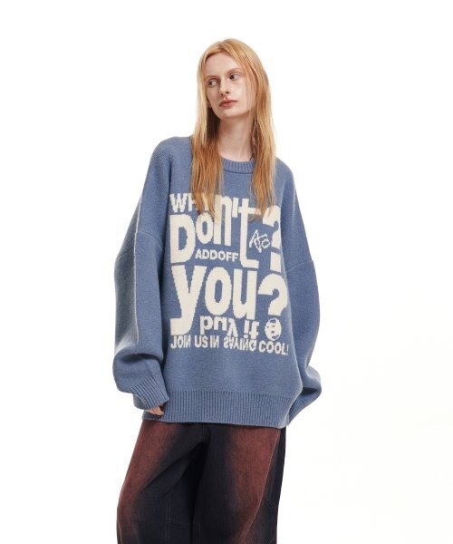 ADDOFF(アドオフ)の「LETTERING KNIT SWEATER BLUE(ニット/セーター・レディース・その他・LARGE/MEDIUM/SMALL)」の1枚目の写真