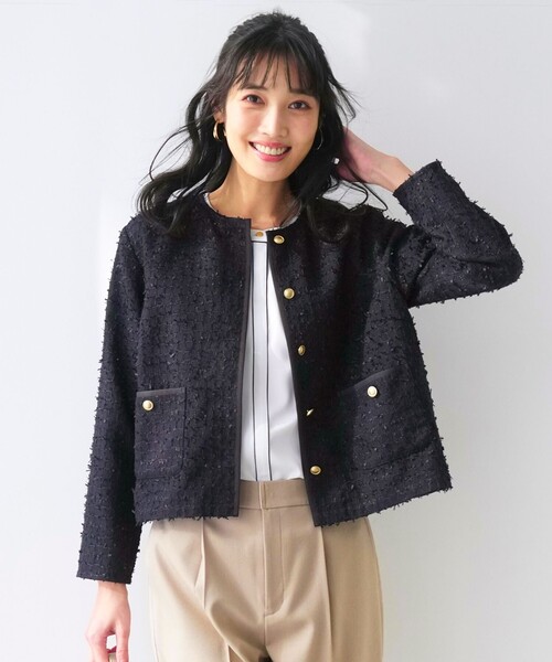 ANY SIS（エニィスィス）の「リボンヤーンライトツイード ジャケット（ノーカラージャケット・レディース・ホワイト系/ネイビー系・MEDIUM）」の2枚目の写真