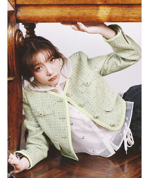 LILY BROWN（リリーブラウン）の「ツイードジャケット（ノーカラージャケット・レディース・ミント/ホワイト/レッド・F）」の4枚目の写真