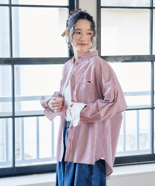 FREAK'S STORE（フリークスストア）の「FRUIT OF THE LOOM×FREAK'S STORE/フルーツオブザルーム 別注 マルチカラー 長袖シャツ/ストライプシャツ/チェックシャツ（シャツ/ブラウス・レディース・レモンイエロー/ブルー/オリーブ/ホワイト/ピンク/オレンジ/ネイビー/パープル・ﾌﾘ-）」の6枚目の写真