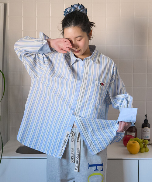 FREAK'S STORE（フリークスストア）の「FRUIT OF THE LOOM×FREAK'S STORE/フルーツオブザルーム 別注 マルチカラー 長袖シャツ/ストライプシャツ/チェックシャツ（シャツ/ブラウス・レディース・レモンイエロー/ブルー/オリーブ/ホワイト/ピンク/オレンジ/ネイビー/パープル・ﾌﾘ-）」の10枚目の写真
