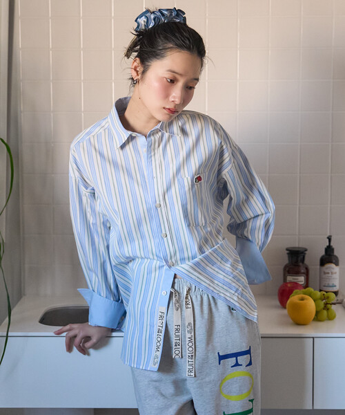 FREAK'S STORE（フリークスストア）の「FRUIT OF THE LOOM×FREAK'S STORE/フルーツオブザルーム 別注 マルチカラー 長袖シャツ/ストライプシャツ/チェックシャツ（シャツ/ブラウス・レディース・レモンイエロー/ブルー/オリーブ/ホワイト/ピンク/オレンジ/ネイビー/パープル・ﾌﾘ-）」の11枚目の写真
