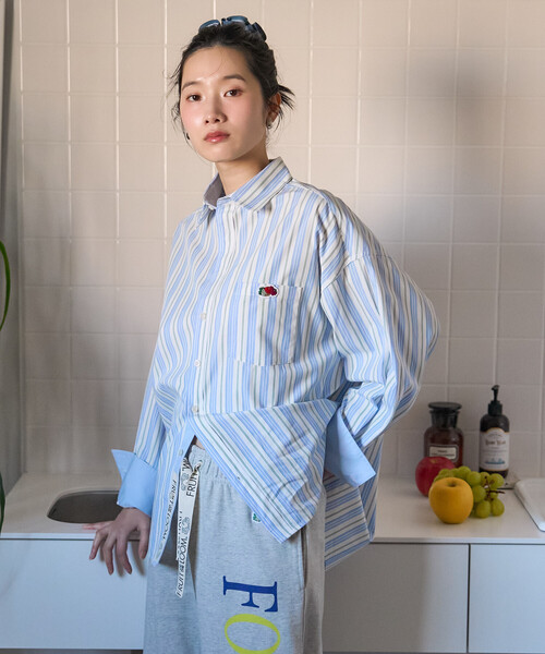 FREAK'S STORE（フリークスストア）の「FRUIT OF THE LOOM×FREAK'S STORE/フルーツオブザルーム 別注 マルチカラー 長袖シャツ/ストライプシャツ/チェックシャツ（シャツ/ブラウス・レディース・レモンイエロー/ブルー/オリーブ/ホワイト/ピンク/オレンジ/ネイビー/パープル・ﾌﾘ-）」の12枚目の写真