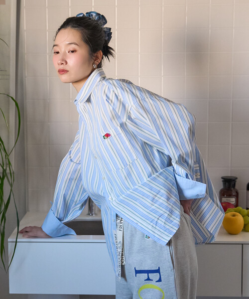 FREAK'S STORE（フリークスストア）の「FRUIT OF THE LOOM×FREAK'S STORE/フルーツオブザルーム 別注 マルチカラー 長袖シャツ/ストライプシャツ/チェックシャツ（シャツ/ブラウス・レディース・レモンイエロー/ブルー/オリーブ/ホワイト/ピンク/オレンジ/ネイビー/パープル・ﾌﾘ-）」の14枚目の写真