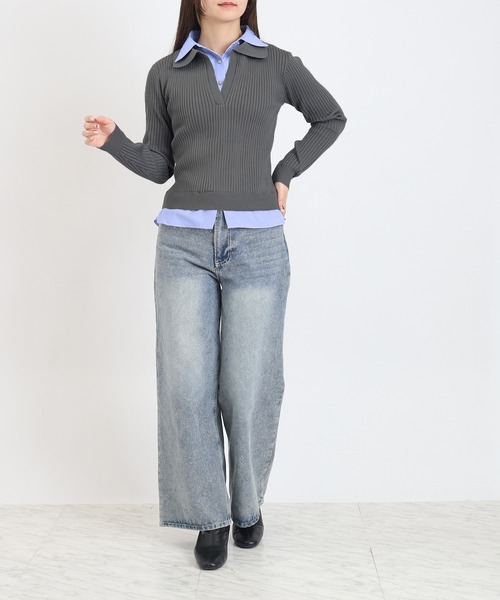 TRUDEA（トルディア）の「【300日着られるニット/多機能素材】スポンディッシュ シャツイミテーション スキッパーリブニット（ニット/セーター・レディース・ライトグレー/ネイビー/アイボリー・LARGE/MEDIUM）」の2枚目の写真