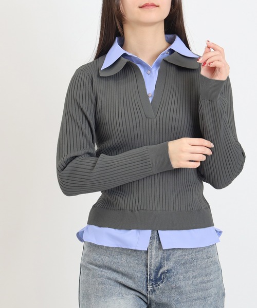 TRUDEA（トルディア）の「【300日着られるニット/多機能素材】スポンディッシュ シャツイミテーション スキッパーリブニット（ニット/セーター・レディース・ライトグレー/ネイビー/アイボリー・LARGE/MEDIUM）」の4枚目の写真