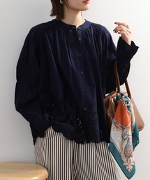 シフリー刺繍袖口スカラップ前開きブラウス 長袖