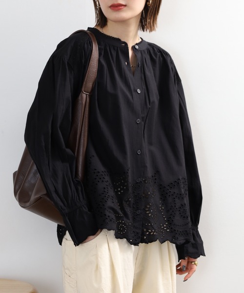 セール】シフリー刺繍袖口スカラップ前開きブラウス 長袖（シャツ
