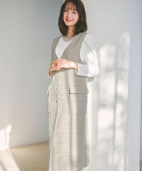 index（インデックス）の「サマーツイード前開きジャンスカ【洗濯機OK/イージーアイロン】（ワンピース・レディース・アイボリー系3/ベージュ系その他2/チャコール・36/38/40/42）」の4枚目の写真