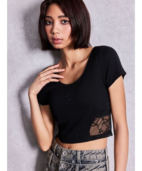 GYDA（ジェイダ）の「OVERLAP Gサイドレースショートトップス（Tシャツ/カットソー・レディース・その他1/ブラック/オフホワイト・FREE）」の2枚目の写真