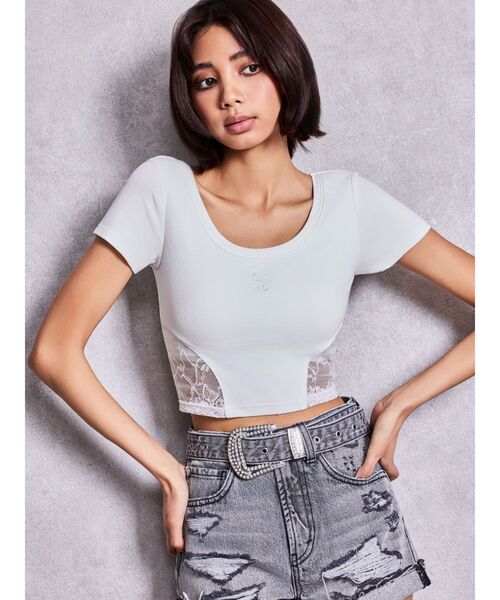 GYDA（ジェイダ）の「OVERLAP Gサイドレースショートトップス（Tシャツ/カットソー・レディース・その他1/ブラック/オフホワイト・FREE）」の4枚目の写真