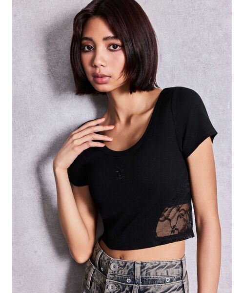 GYDA（ジェイダ）の「OVERLAP Gサイドレースショートトップス（Tシャツ/カットソー・レディース・その他1/ブラック/オフホワイト・FREE）」の12枚目の写真