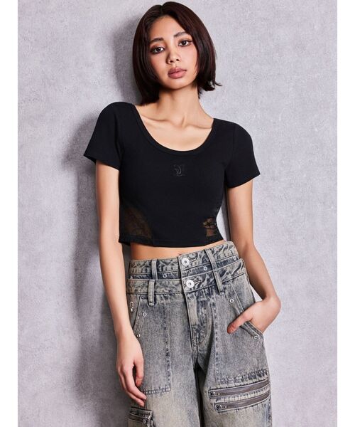 GYDA（ジェイダ）の「OVERLAP Gサイドレースショートトップス（Tシャツ/カットソー・レディース・その他1/ブラック/オフホワイト・FREE）」の13枚目の写真