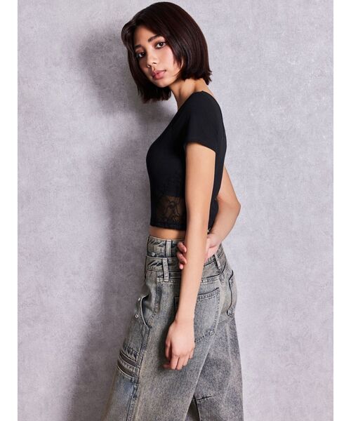 GYDA（ジェイダ）の「OVERLAP Gサイドレースショートトップス（Tシャツ/カットソー・レディース・その他1/ブラック/オフホワイト・FREE）」の14枚目の写真