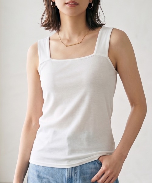 Belta attrice（ベルタアトリーチェ）の「【接触冷感/日本製】ブラ紐隠し インナー タンクトップ スクエアネック 強撚コットン100/袖なし（タンクトップ・レディース・ライトグレー/ライトブルー/ブラック/オフホワイト・FREE）」の2枚目の写真